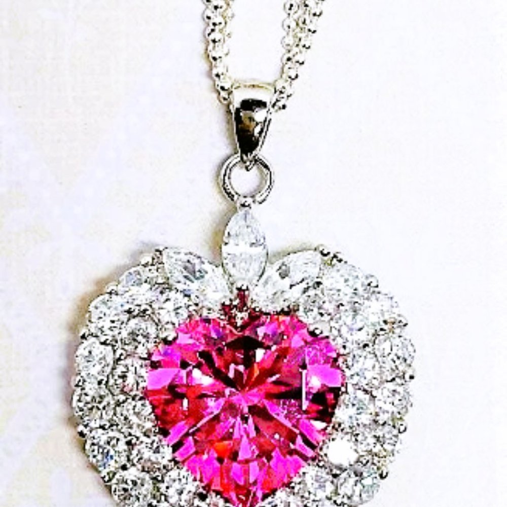 Sterling Silver Chain, Pink CZ Heart Pendant w/ Clear CZ Around the Heart.